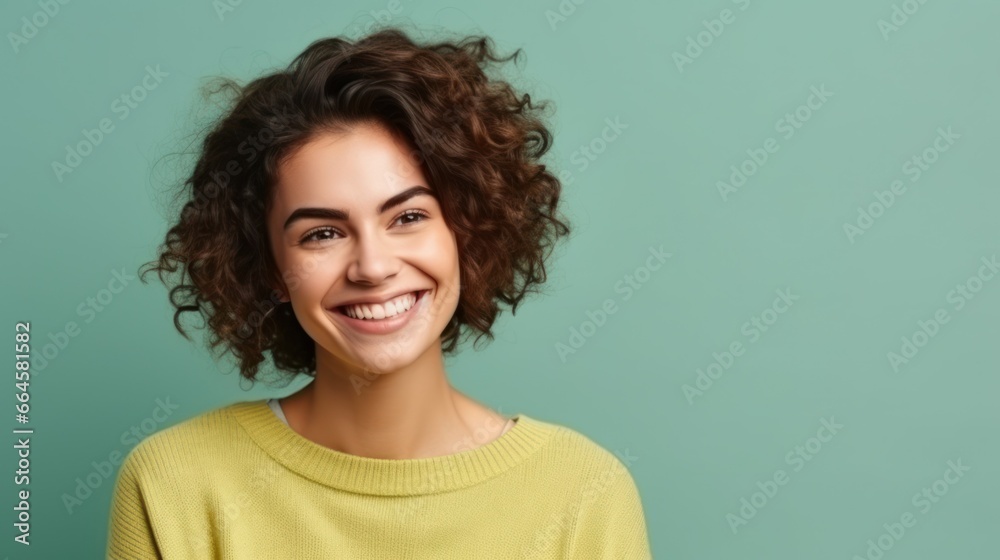 Obraz premium A young caucasian woman, isolated on a green background, wearing casual clothes, with a playful grin, embodying a carefree, whimsical demeanor.