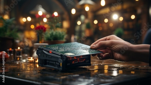 A hand firmly holds a credit card before a digital payment terminal, representing modern financial transactions .