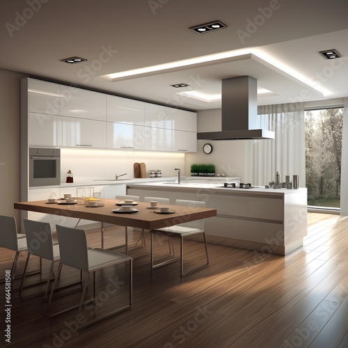 Modern interior home kitchen with wooden dining table and white chairs  glass wall in the back  wooden floor  AI generative.