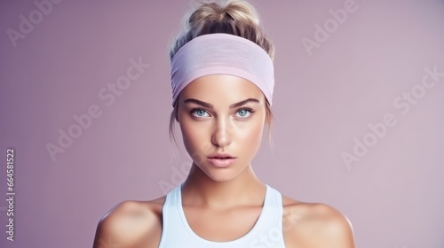 A young caucasian woman, isolated on a lavender background, wearing a sporty outfit, her face showing a sense of focus and discipline, training her mind and body.