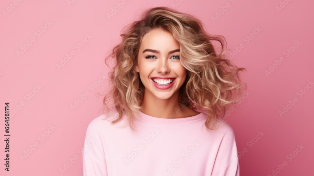 A young caucasian woman, isolated on a pink background, exuding a jubilant vibe with a wide smile, embodying the spirit of youthful exuberance. A young caucasian woman, isolated on a pink background, exuding a jubilant vibe with a wide smile, embodying the spirit of youthful exuberance.