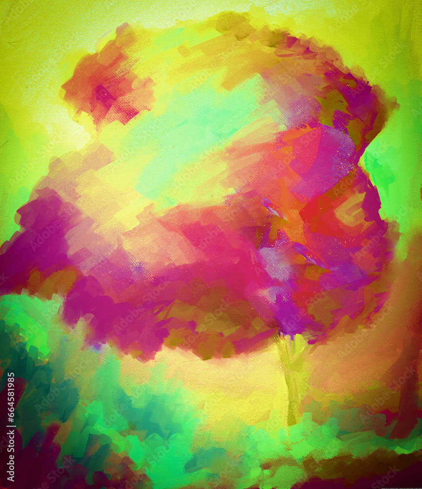 Autumn or Fall Vibrant Impressionistic Tree Art in Orange Purple Greens Digital Painting or Design or Painting or Illustration or Art or Artwork