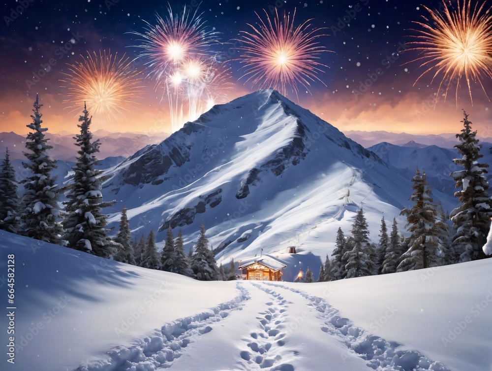 Fototapeta premium A Snowy Mountain Scene With A House And Fireworks