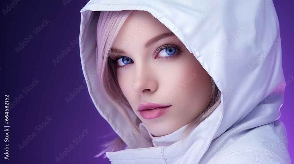 A young caucasian woman, isolated on a violet background, adorned in a futuristic attire, with an expression of wonder and curiosity, exploring the unknown. A young caucasian woman, isolated on a violet background, adorned in a futuristic attire, with an expression of wonder and curiosity, exploring the unknown.