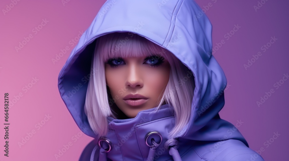 A young caucasian woman, isolated on a violet background, adorned in a futuristic attire, with an expression of wonder and curiosity, exploring the unknown. A young caucasian woman, isolated on a violet background, adorned in a futuristic attire, with an expression of wonder and curiosity, exploring the unknown.