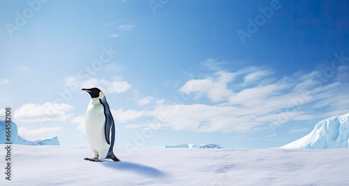 Penguin standing in Antarctica looking into the blue sky.