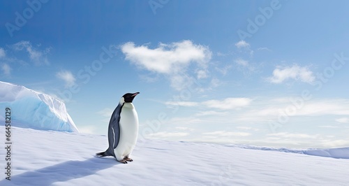 Penguin standing in Antarctica looking into the blue sky.