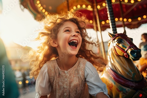 A happy young girl on a colorful carousel at an amusement park.