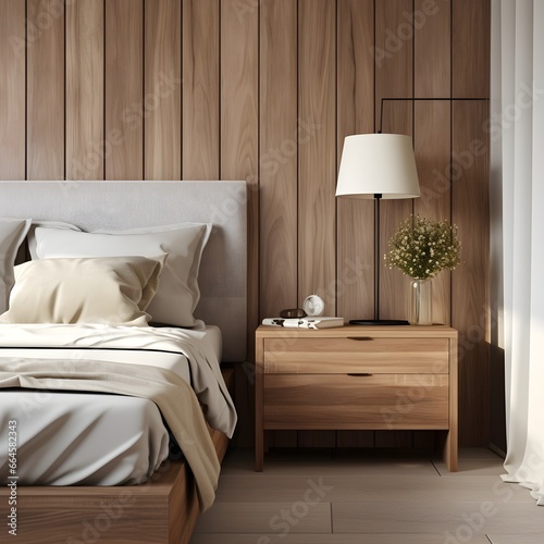 Gray Mattress with bedside cabinet against a wooden wall, AI generative.