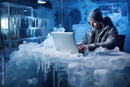A man works with a computer in a very cold office. photo
