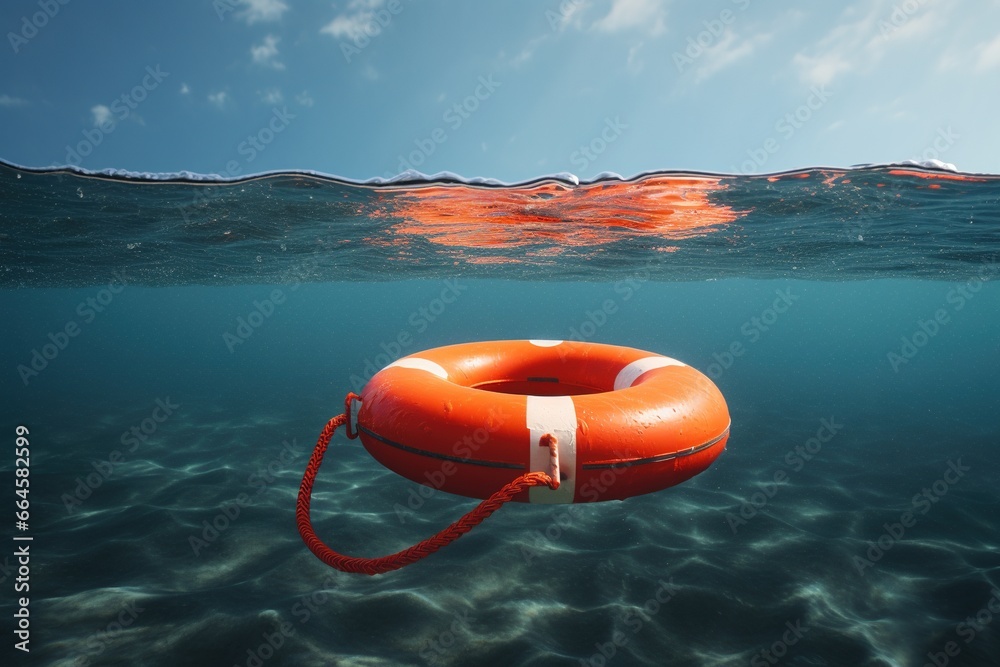 A rescue buoy floating in the sea.