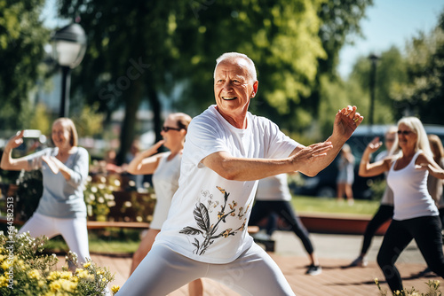 group of elderly people doing sports and yoga outdoors,active healthy lifestyle concept photo