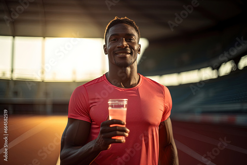 Male sprinter holding sports water drink.