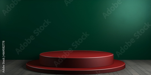 Minimalistic mock up background with red podium and green wall, product presentation concept