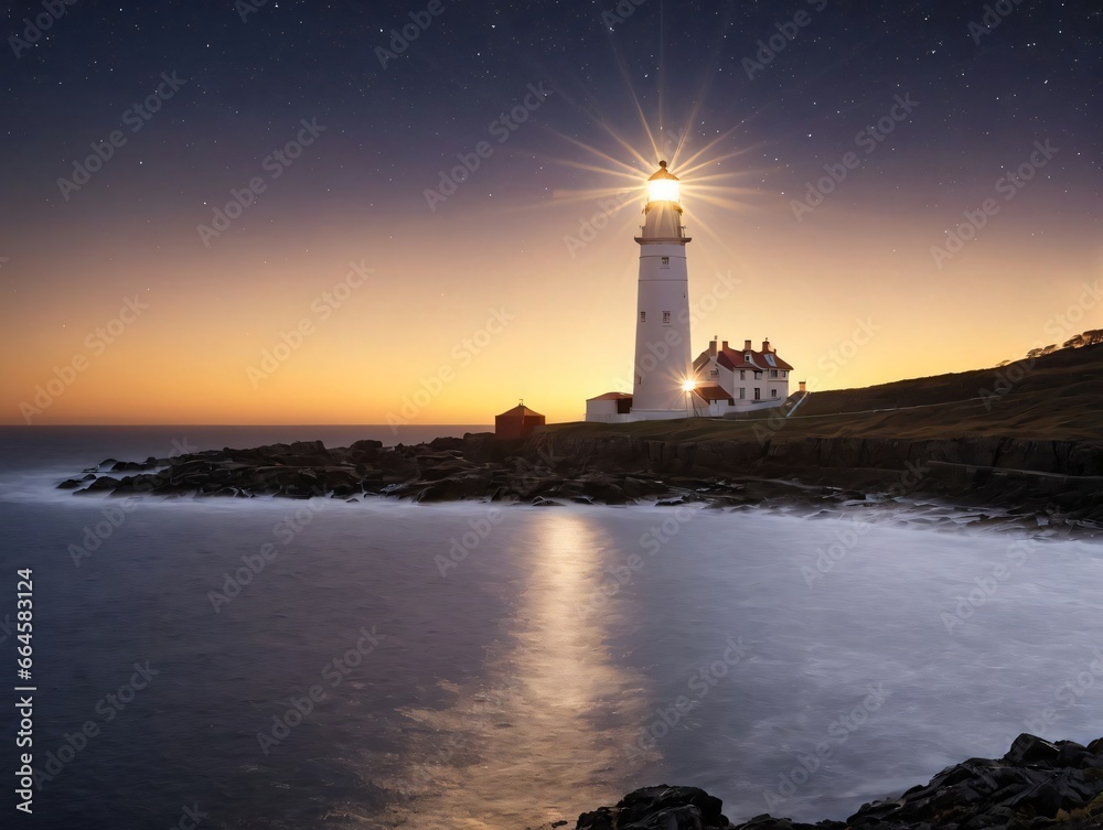 A Lighthouse At Night With The Moon In The Sky