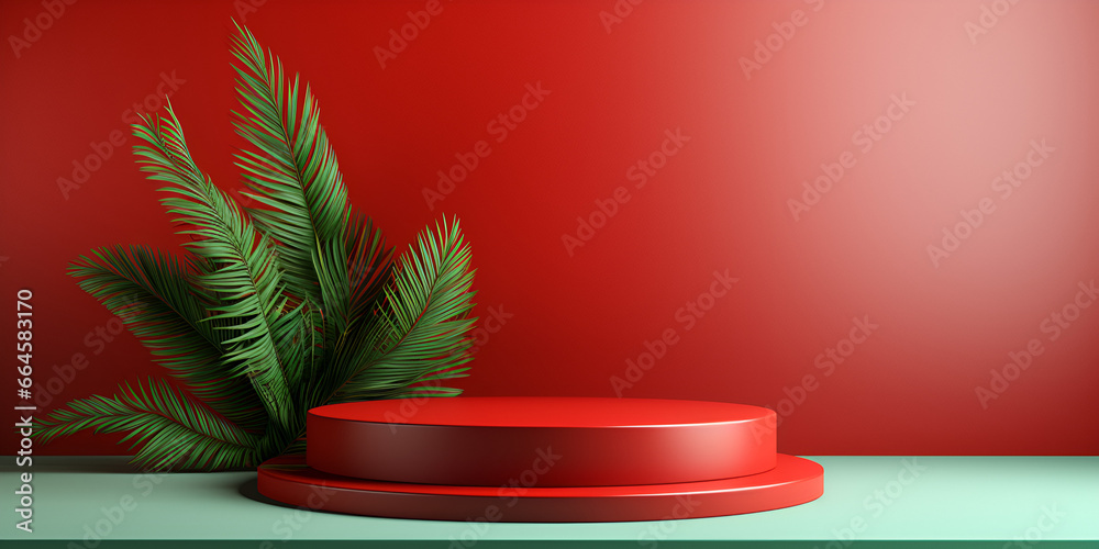 Minimalistic mock up background with red podium and green wall, product presentation concept Minimalistic mock up background with red podium and green wall, product presentation concept