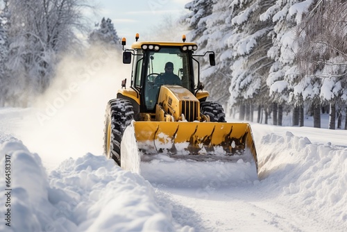 A wheel loader plowing snow.