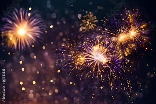 Gold and dark violet Fireworks and bokeh in New Year eve and copy space. Abstract background holid