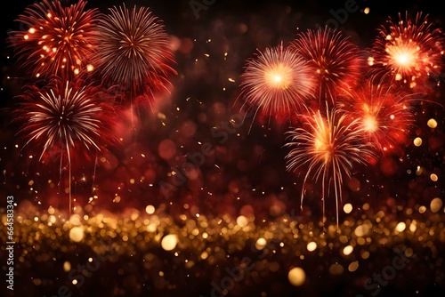 Gold and dark red Fireworks and bokeh in New Year eve and copy space. Abstract background holiday