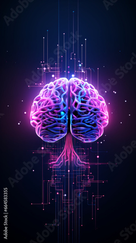 Glowing Human Brain. Dark Purple Neon Vertical Background with Artificial Intelligence. Futuristic Style. AI Generative