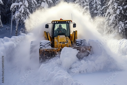 A wheel loader plowing snow.