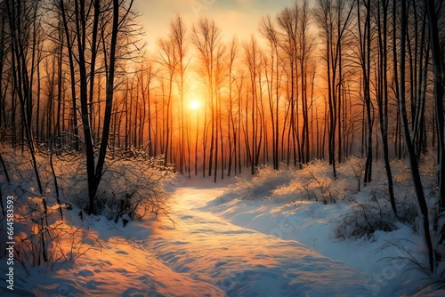 Sunset in the wood in winter period background