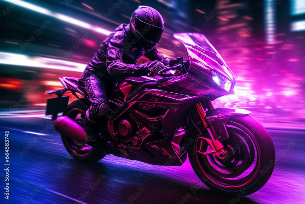 Epic Pink and Purple Neon Futuristic Motorbiker Riding a Motorcycle At High Speed Illustration