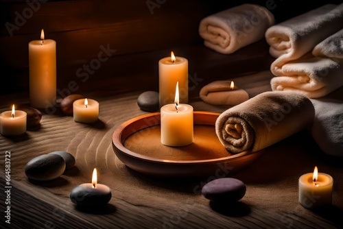 candles and stones, Amidst the soft glow of a single candle, a plush towel is neatly folded, and zen stones are carefully arranged in a serene circle
