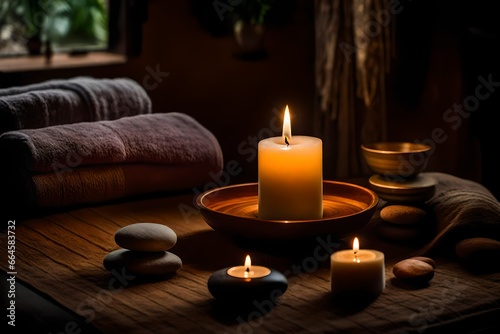 candles on a table, Amidst the soft glow of a single candle, a plush towel is neatly folded, and zen stones are carefully arranged in a serene circle