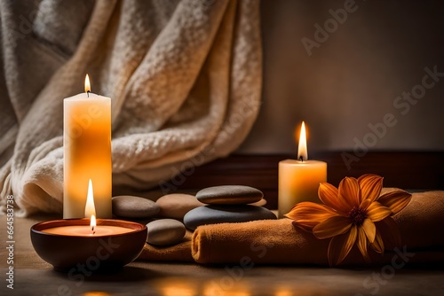 spa still life with candles, Amidst the soft glow of a single candle, a plush towel is neatly folded, and zen stones are carefully arranged in a serene circle