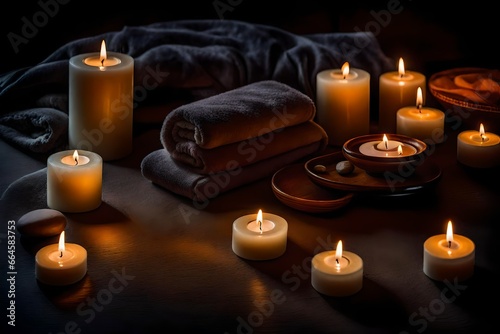 candles on the table, Amidst the soft glow of a single candle, a plush towel is neatly folded, and zen stones are carefully arranged in a serene circle