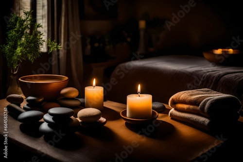 candles in the spa  Amidst the soft glow of a single candle  a plush towel is neatly folded  and zen stones are carefully arranged in a serene circle