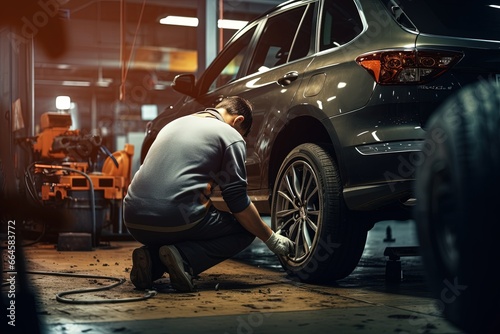 Car mechanics changing tire at auto repair shop garage.	 photo