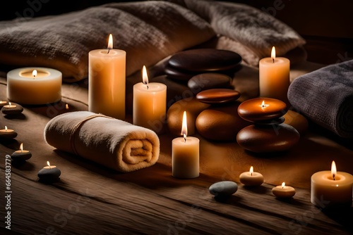 candles and stones on the table, Amidst the soft glow of a single candle, a plush towel is neatly folded, and zen stones are carefully arranged in a serene circle