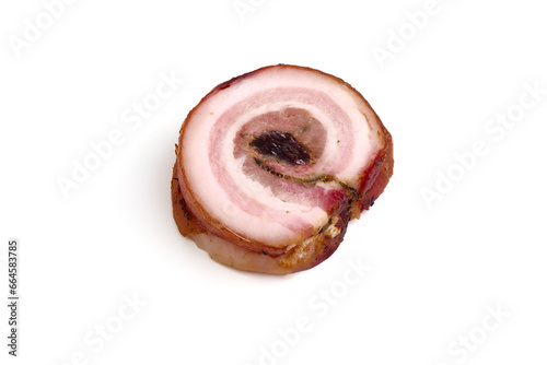 Pork Roast pork with prunes, isolated on white background. close-up.
