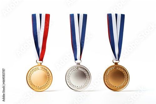 Gold, silver and bronze medals isolated on white background. photo