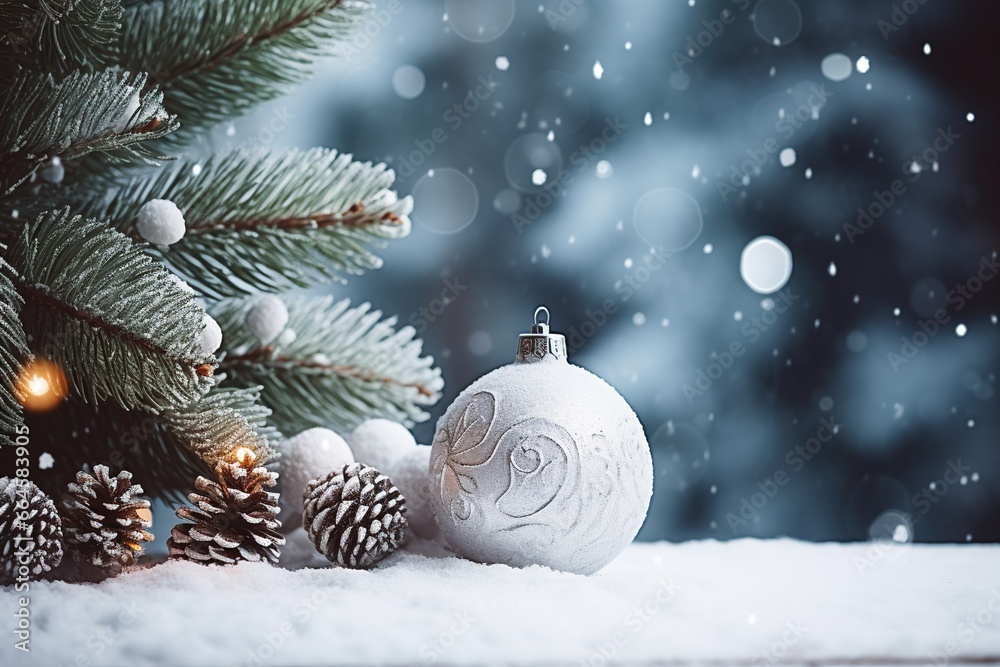Christmas composition with snow and spruce branches and Christmas tree baubles. Christmas composition with snow and spruce branches and Christmas tree baubles.