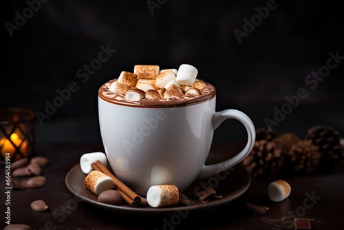 Hot chocolate - hot chocolate with marshmallows, Christmas background. Against the background of glare and a wooden table.
