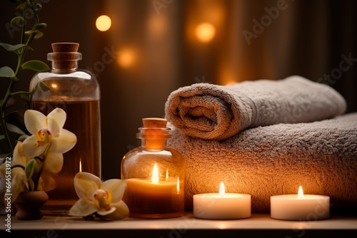 A beautiful massage room for complete relaxation. Candles, oil and towels create a wonderful relaxing atmosphere.