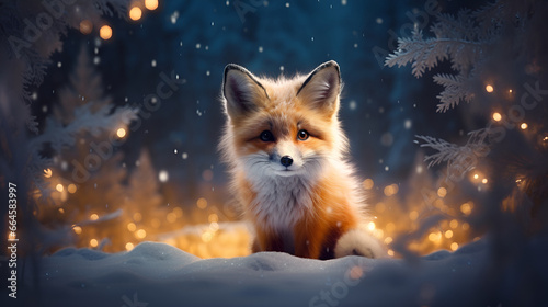 Red cute fox cub on the background of a snowy fairy tale winter forest with bokeh light and copy space. Cartoon illustration 3d. Christmas greeting card. © Tetiana