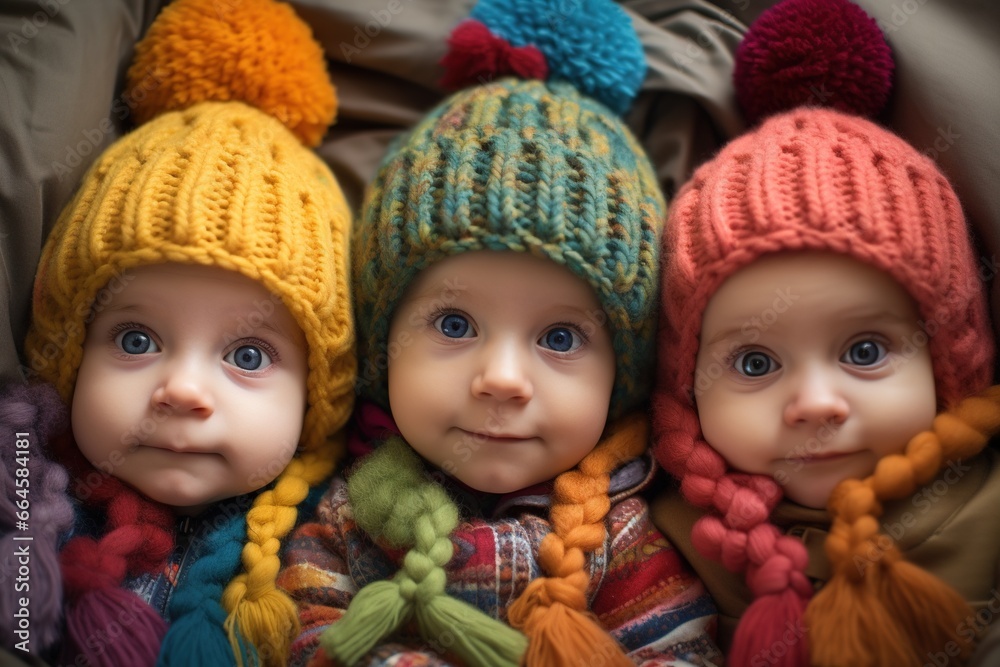 Cute toddlers with colorful knitted hats and clothes. Cute toddlers with colorful knitted hats and clothes.