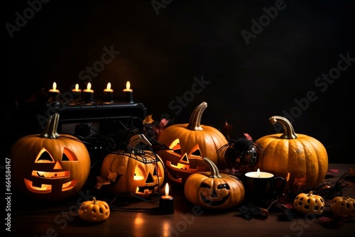 Festive greeting with Halloween motifs of pumpkins, candles, spiders, and modern technology. Generative AI