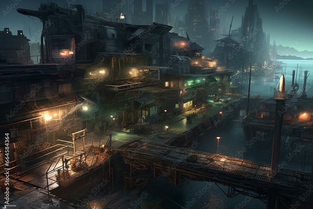Nighttime fantasy sci-fi port with industrial setting and illustration. Generative AI
