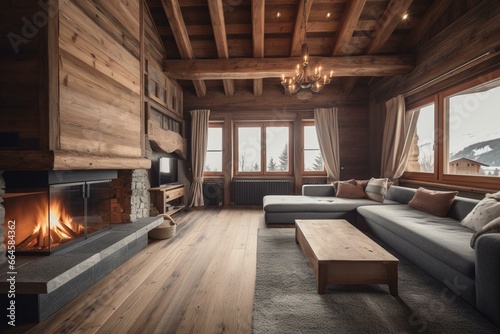 Cozy chalet interior with wooden living room and fireplace. Generative AI