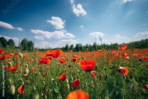 Vibrant field with blooming red poppies, closeup. Meadow of red poppies against blue sky. Scenic nature in summer. Generative AI