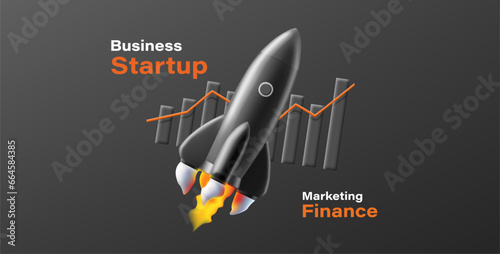3d render illustration of start up rocket with bar chart on the background, black volume composition