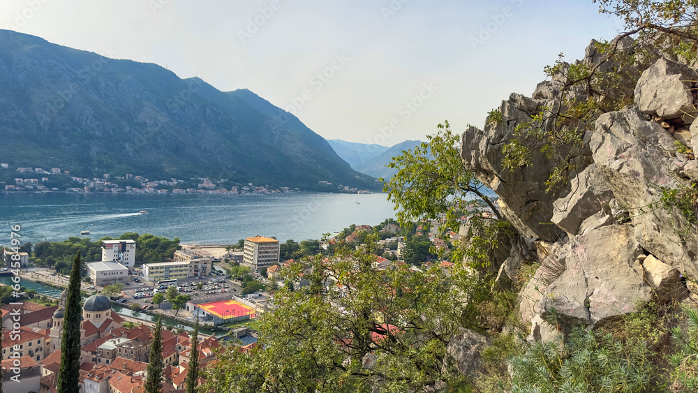 Top view of the old town from the mountain of Kotor, Montenegro, selective focus 