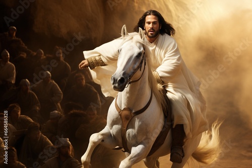 Jesus Christ riding a white horse into Jerusalem.