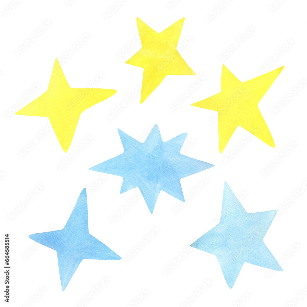 Set of watercolor illustrations. Set of yellow and blue stars in children's style. Elements for designs, stickers, greeting cards, patterns Set of watercolor illustrations. Set of yellow and blue stars in children's style. Elements for designs, stickers, greeting cards, patterns