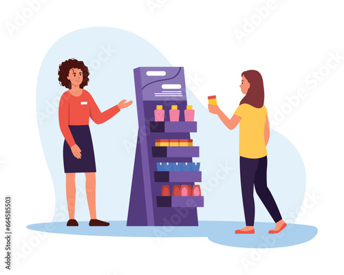 Vector illustration of a consultant in a store. Cartoon scene of a female consultant standing near a stand with cosmetics and helping a girl customer to choose a product on a white background.